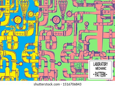 Vector set of details ware pipes system in flat style. Collection of water tube, plastic pipeline, clock. Construction and industrial technology pattern.