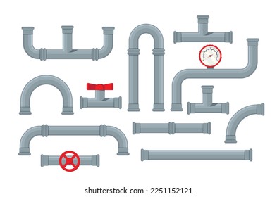 Vector set of details ware pipes system in flat style. Collection of water tube, plastic pipeline, filtres, gas valve, fittings, plumbing, faucet, sewage. Construction and industrial technology. 