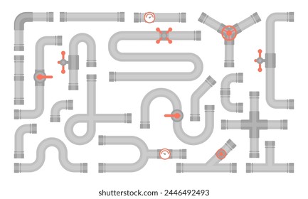 Vector set of details ware pipes system in flat style. Broken pipe with leaking water. Collection of water tube, leakage, plastic pipeline, leaking valve, dripping drain. Industrial technology.