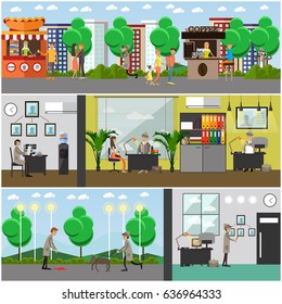 Vector set of detective posters, banners. Private detective, enquiry agent working at office and outside flat style design elements.