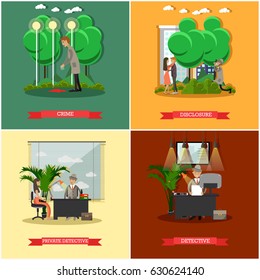 Vector set of detective posters. Crime, Disclosure, Private detective and Detective flat style design elements.