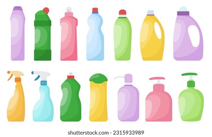 Vector set of detergent empty bottles icons. Detergent bottles mockup icons. Cleaner spray container template. Vector liquid chemical product for housework