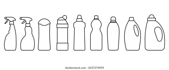 Vector set of detergent empty bottles linear icons. Editable stroke. Vector illustration