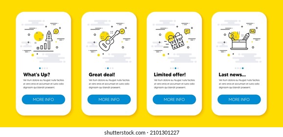 Vector set of Development plan, Guitar and Present delivery line icons set. UI phone app screens with line icons. Creativity concept icon. Strategy, Acoustic instrument, Shopping service. Vector