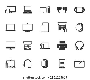 Vector set of device flat icons. Contains icons laptop, computer, headphones, smart watch, e-book, printer, tv, graphic tablet and more. Pixel perfect.