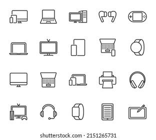 Conjunto de vectores de iconos de línea de dispositivo. Contiene los iconos laptop, computadora, auriculares, reloj inteligente, e-book, impresora, tv, tableta gráfica y más. Pixel perfecto.