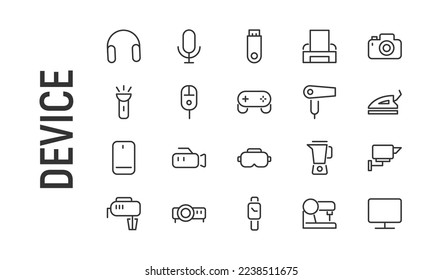 Vector set of device thin line icons. Design of 20 stroke pictograms. Signs of device isolated on a white background.