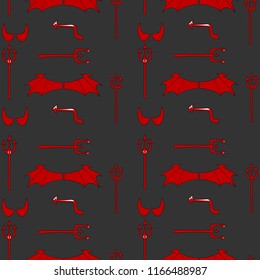 Vector set of the devil. Red devil horn, tail, trident, wings, isolated on white background. Hand Drawing. Vector Illustration.