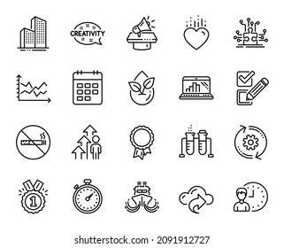 Vector set of Diagram chart, Megaphone and Working hours line icons set. Checkbox, No smoking and Skyscraper buildings icons. Heart, Creativity and Calendar signs. Diagram chart web symbol. Vector