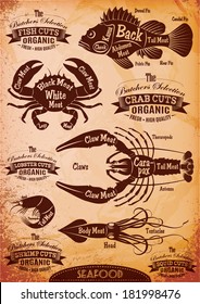 vector set of diagram cut carcasses seafood