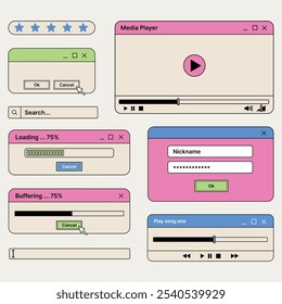 Vector Conjunto de cuadros de diálogo: Reproductor multimedia, Ventana de carga, Ventana de Búsqueda, Ventana de Inicio de sesión