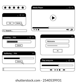 Vektorsatz von Dialogfeldern: Media Player, Fenster "Laden", Suchfenster, Anmeldefenster