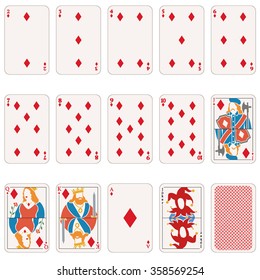 Vector Set of Diamond Suit Playing Cards. Joker. Backdrop