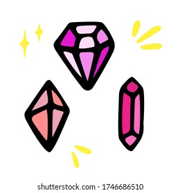 Juego de vectores de diamantes al estilo de las caricaturas. Elementos dibujados a mano, doodle aislados en fondo blanco