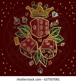 Vector set of dices and crown on red background