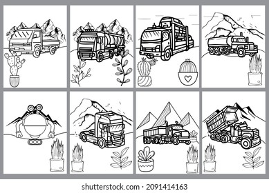 Vector set of different 2d landscapes , vehicles ,park, robots, house, day and night Collection of illustrations. Coloring book. Illustration for children