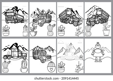 Vector set of different 2d landscapes , vehicles ,park, robots, house, day and night Collection of illustrations. Coloring book. Illustration for children