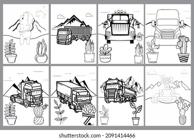 Vector set of different 2d landscapes , vehicles ,park, robots, house, day and night Collection of illustrations. Coloring book. Illustration for children