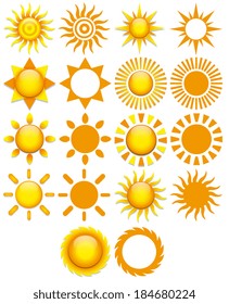Vector Set Of Different Abstract Suns Isolated On White Background