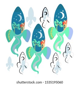 Vector set different abstract takeoff rockets. For some, linear, color, contour offsets are used, while for others, color landscapes with ornaments are used. Concept opening new prospects, development