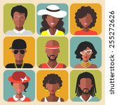 Vector set of different african american women and man app icons in trendy flat style