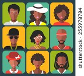 Vector set of different african american women and man app icons in trendy flat style
