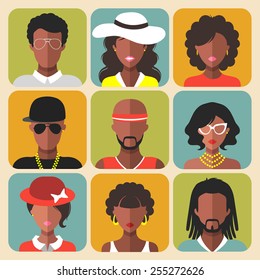 Vector set of different african american women and man app icons in trendy flat style