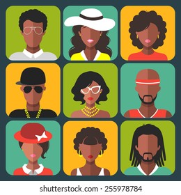 Vector set of different african american women and man app icons in trendy flat style