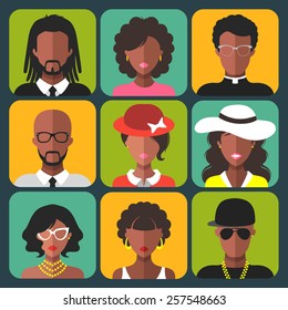 Vector set of different african american women and man app icons in trendy flat style