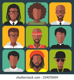 Vector set of different african american man app icons in trendy flat style