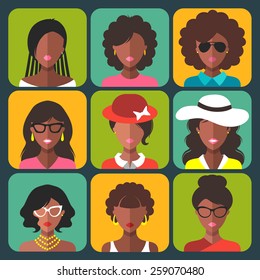 Vector set of different african american woman app icons in trendy flat style