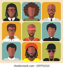 Vector set of different african american man app icons in trendy flat style