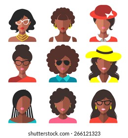 Vector set of different african american woman app icons in trendy flat style