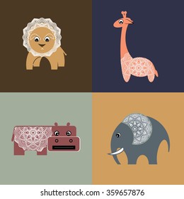 Vector set of different african animals isolated: elephant, giraffe, hippopotamus and lion, stylized vector illustration, lacy pattern.