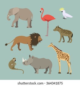 Vector Set Of Different African Animals. Animals of the African savanna: lioness, elephant, rhinoceros, giraffe, flamingo, monkey, hyena illustration 