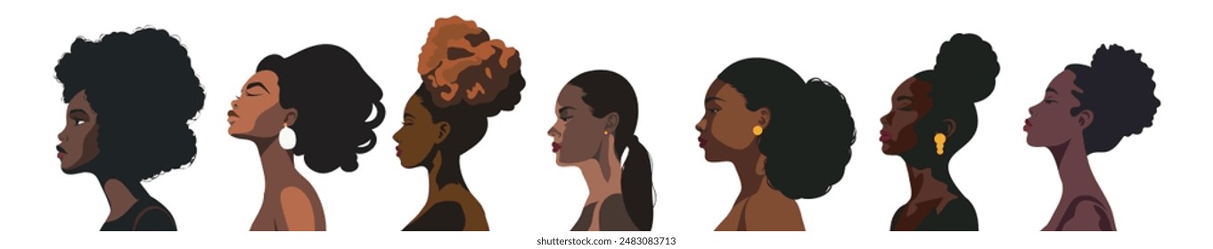 Vector conjunto de diferentes mujeres afro afro afroamericanas con diferentes peinados pose lateral, avatar para redes sociales