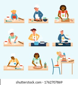 Vector set of different age and ethnicity kids in aprons and chef hats cooking. Making pizza, salad, soup, cookies, cake, pancakes. Children in kitchen. Flat vector illustration.