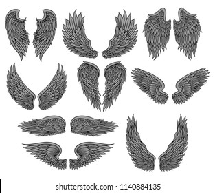 Vector set of different angel or bird wings with gray feathers and black contour. Old-school tattoo design. Elements for sticker, print or poster