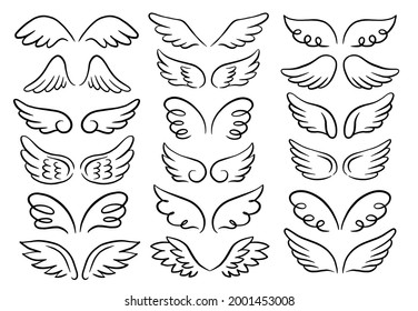 Vector set of different angel wings. Hand-drawn, doodle elements isolated on white background.