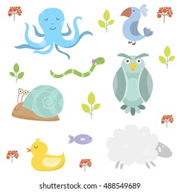 Vector set with different animals: parrot, hedgehog, snake, goose, duck, octopus, moose, fish, sheep, snail.