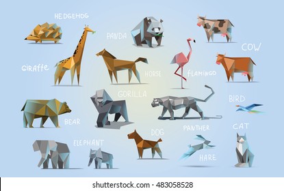 Vector set of different animals, polygonal icons, low poly illustration, cow, bear, dog, cat, elephant, giraffe, panther, flamingo, bird, hedgehog, gorilla, rabbit, horse, modern style, panda 