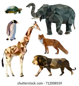 Vector set of different animals, polygonal icons, low poly illustration, fox, lion, elephant, giraffe, turtle, penguin