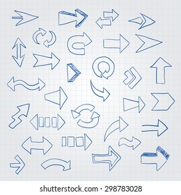 Vector set of different arrows. Hand painted on paper background