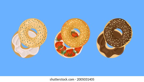 Vector Set of Different Bagels Filled with Cream, Fish, Chocolate, Cartoon Illustrations.