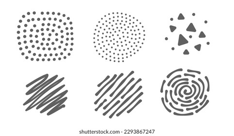 Vector set of different beautiful textured spot on white color background. Flat line art style design of line and dot brush for web, banner, poster, print