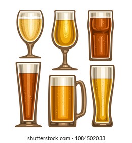 Vector set of different Beer glassware, 6 full glass cups with yellow and brown fizzy beverages various shape, collection icons of alcohol drinks lager and pilsner beer isolated on white background.