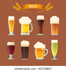 Vector set of different beer types in glasses and mugs isolated on background.