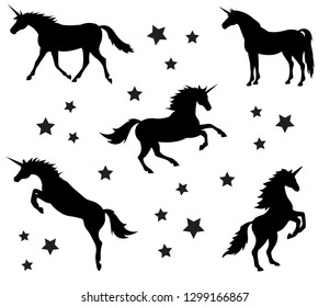 Vector set of different black flat silhouettes of unicorn isolated on white background 