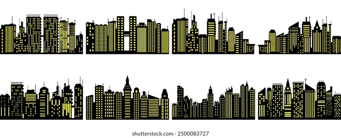 Vector set of different black horizontal night cityscape Pro Vector