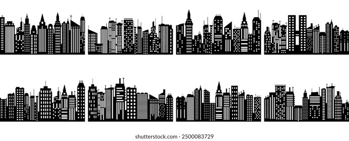 Vector set of different black horizontal night cityscape Pro Vector